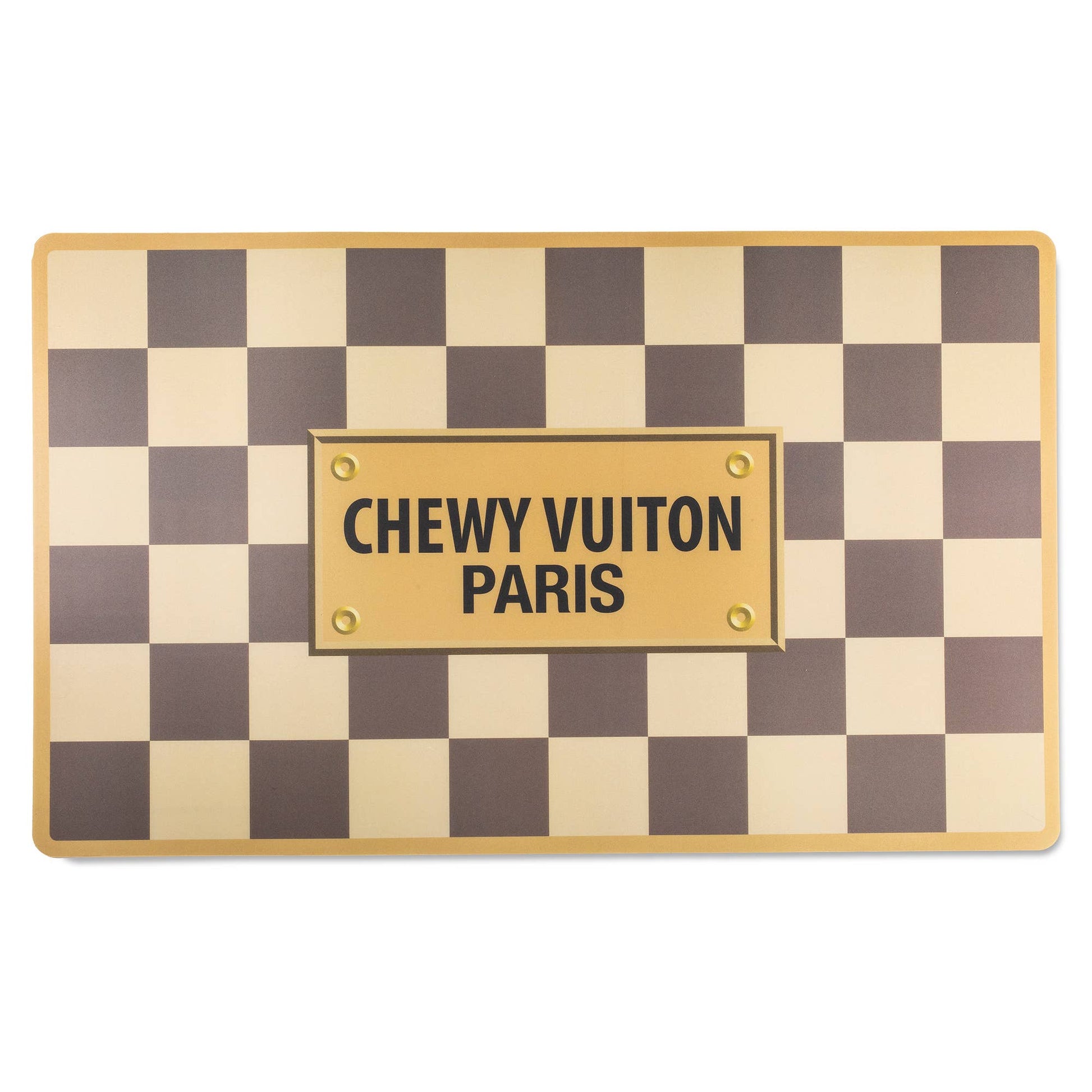 top view of brown checkered Chewy Vuiton Placemat