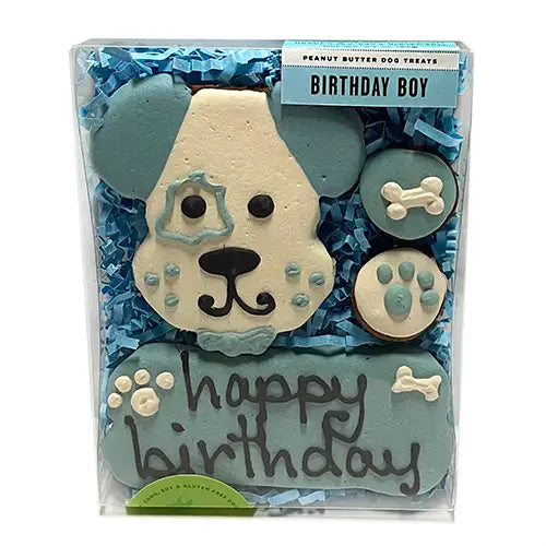 Front view of Birthday Boy Box of treats. 1 iced dog head treat, 1 iced circle treat with a dog bone in icing, 1 circle treat with pawprint in icing, larger dog bone shaped iced treat with "Happy Birthday" written in icing. Colors- blue & white