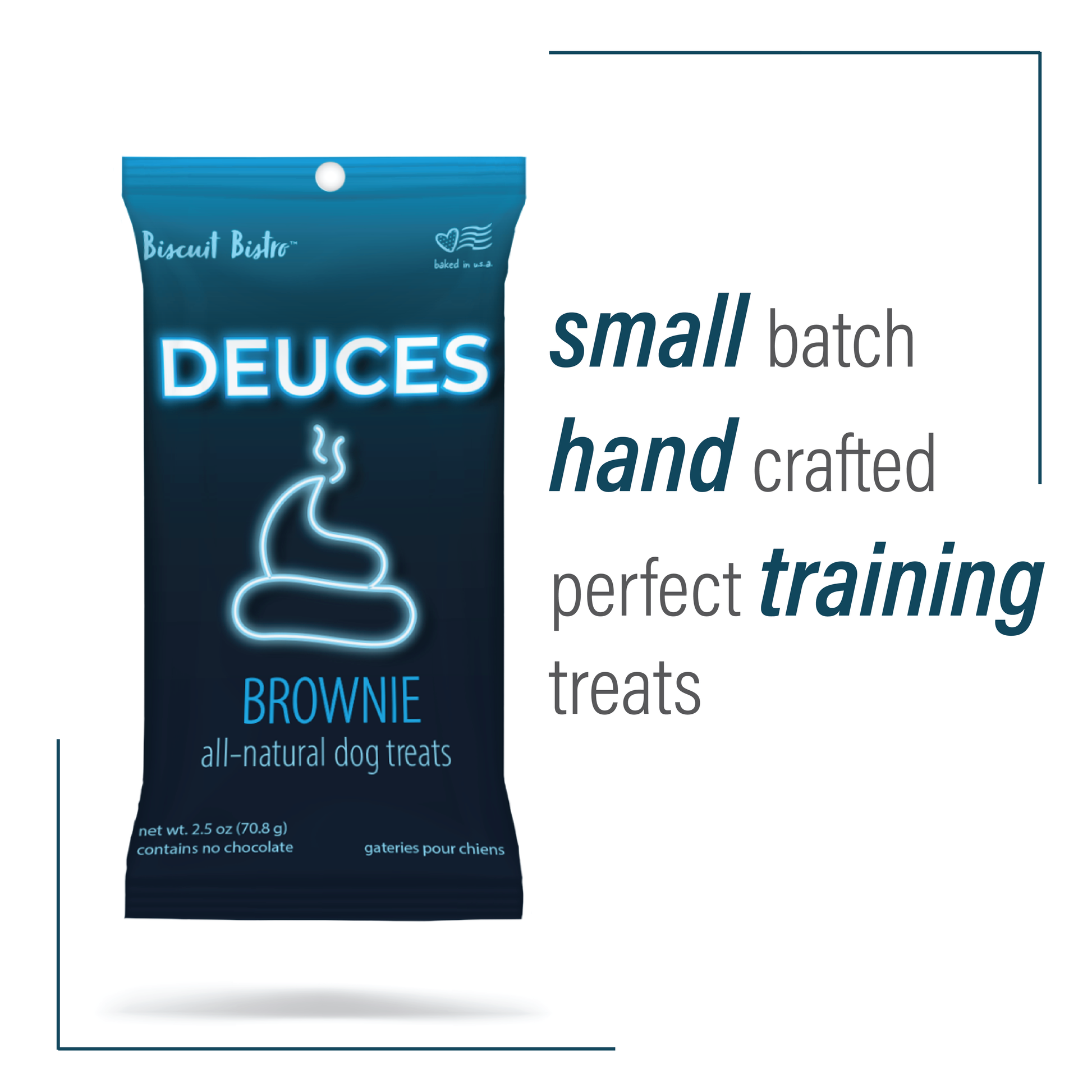 front view of Deuces treat bag. Text on right says "small batch hand crafted perfect training treats"