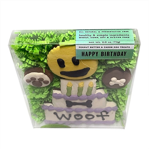 top view of treat box. Label text "peanut butter & carob dog treats" "HAPPY BIRTHDAY"