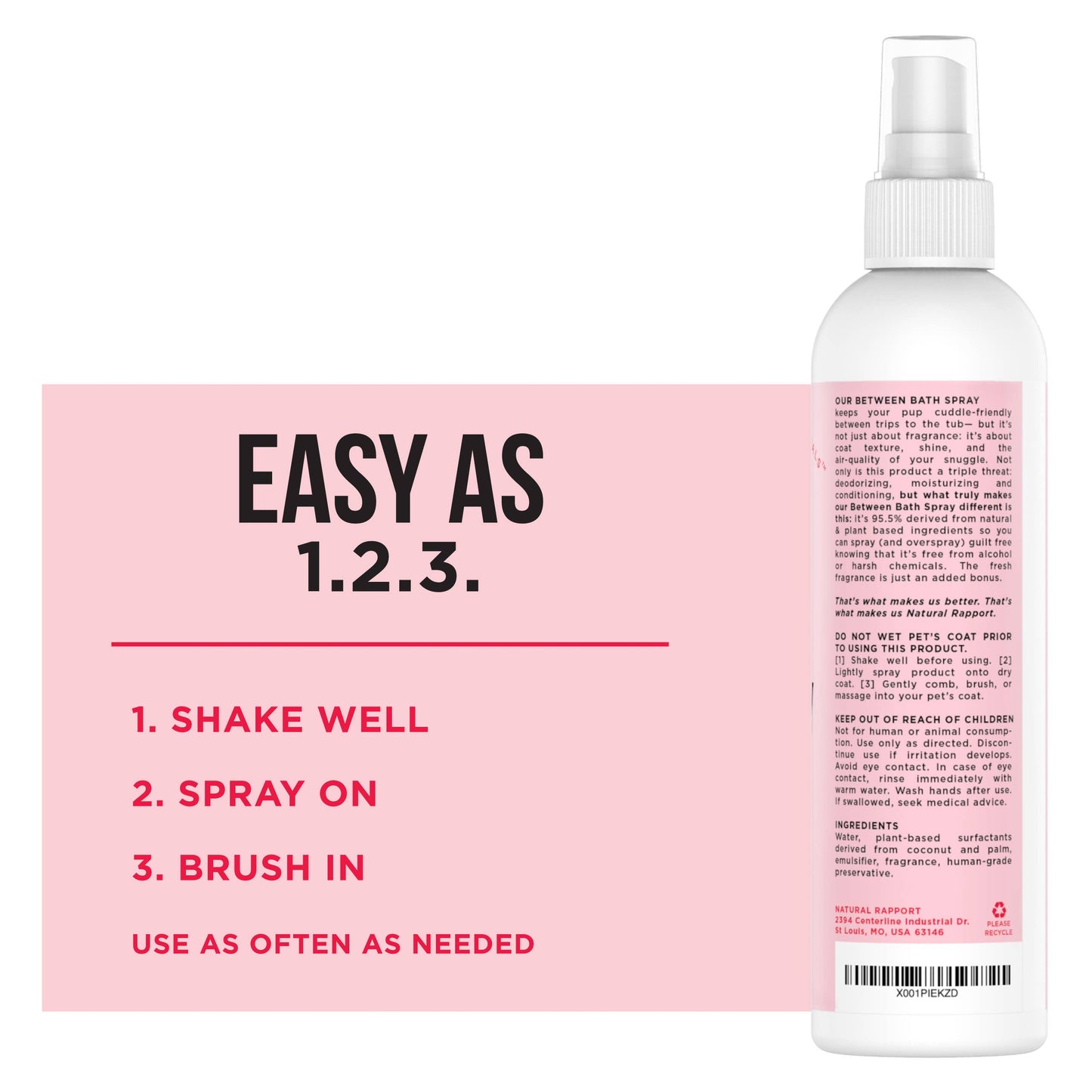 back view of pink bottle. left side text says "easy as 1. 2. 3." "Shake well, spray on, brush in. use as often as needed"