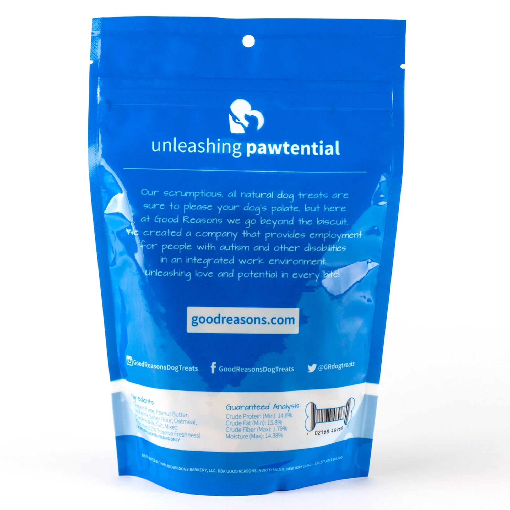 back view of blue bag, top text says "unleashing pawtential"