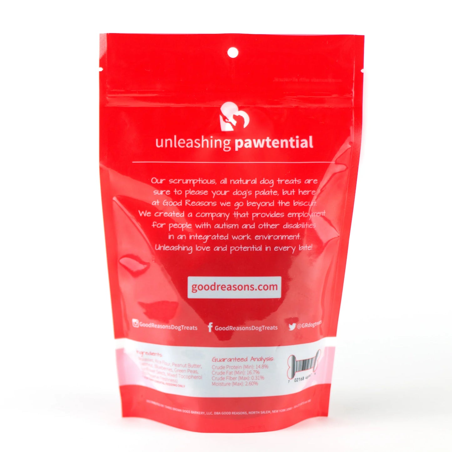 Back of red bag top text "unleashing pawtential"