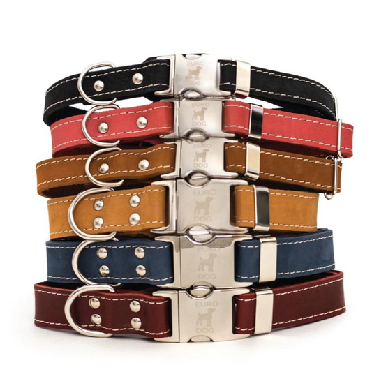 stack of quick release style soft leather collars