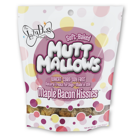 full view front of Mutt Mallows bag- Text says soft baked, wheat-corn-soyfree, natural dog treats, made in USA, Maple Bacon Kissies