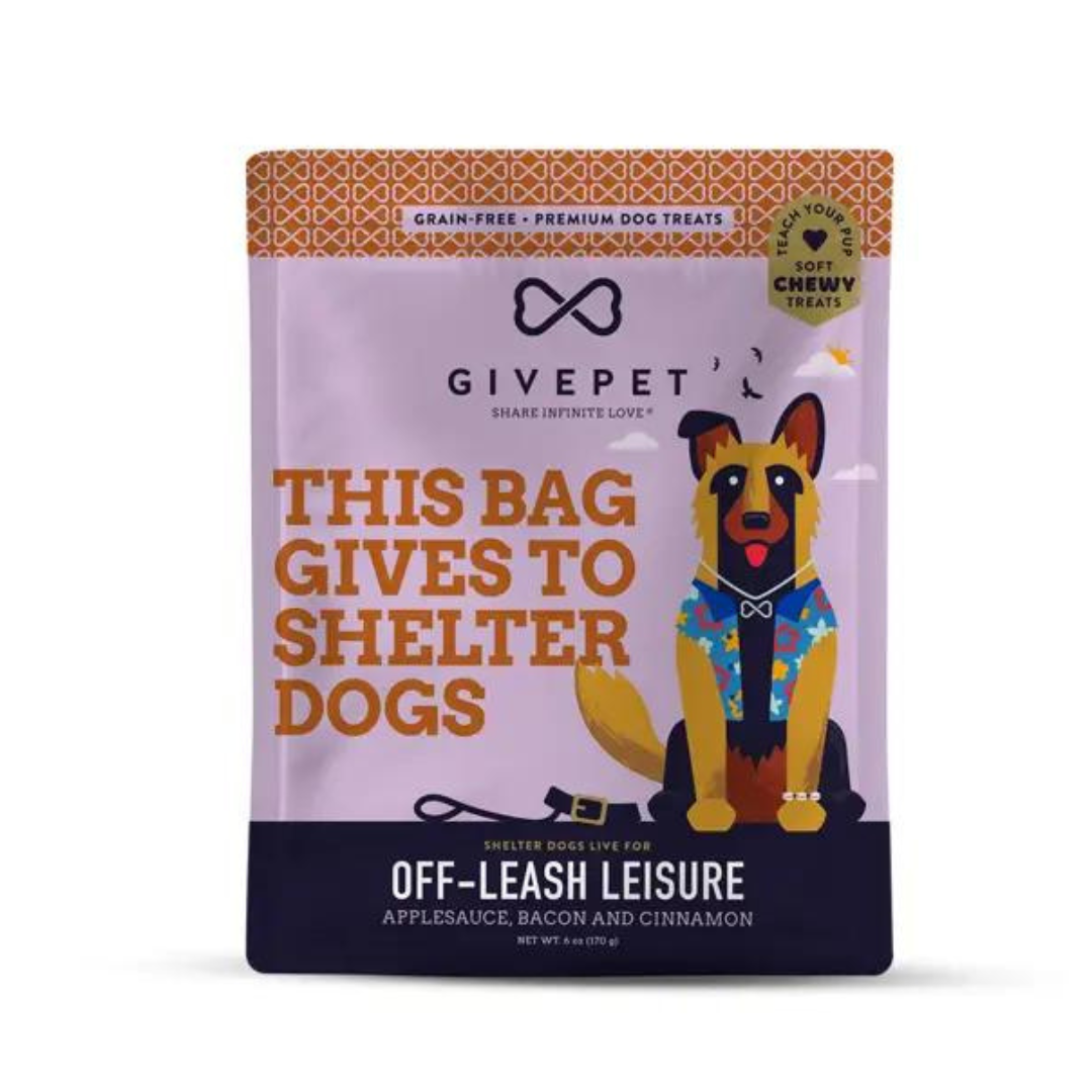 Front of Off-leash Leisure treat bag. Drawing of dog sitting in an unbuttoned Hawaiian shirt with its leash to its left