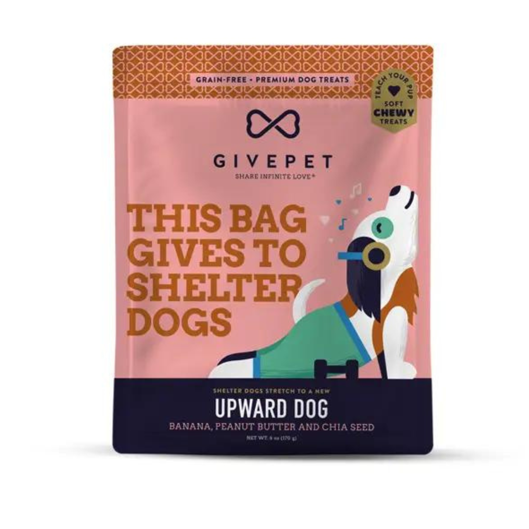 front of Upward Dog treat bag. drawing of dog doing yoga in right corner