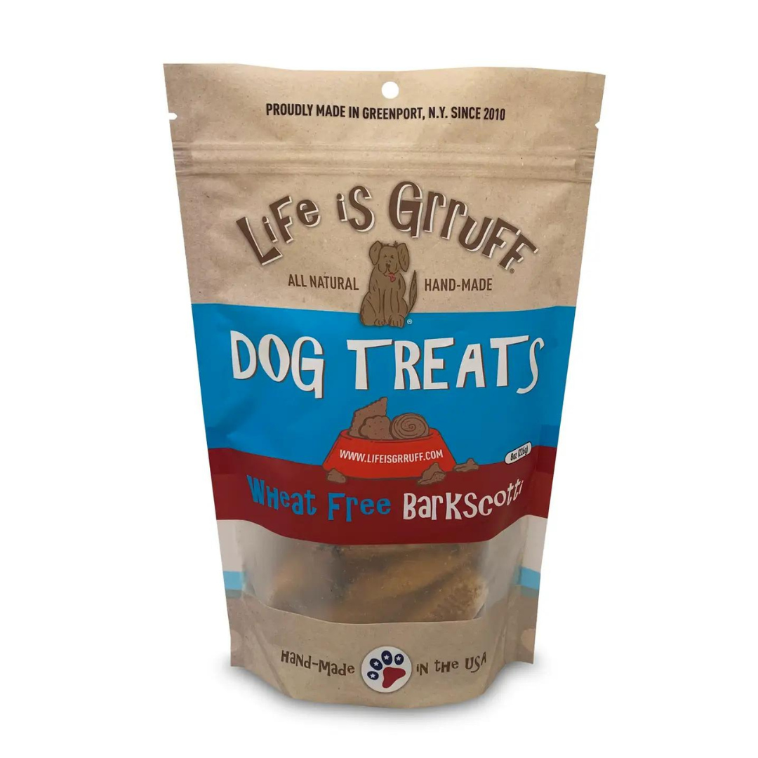 Close up of Wheat Free Barkscotti treat bag