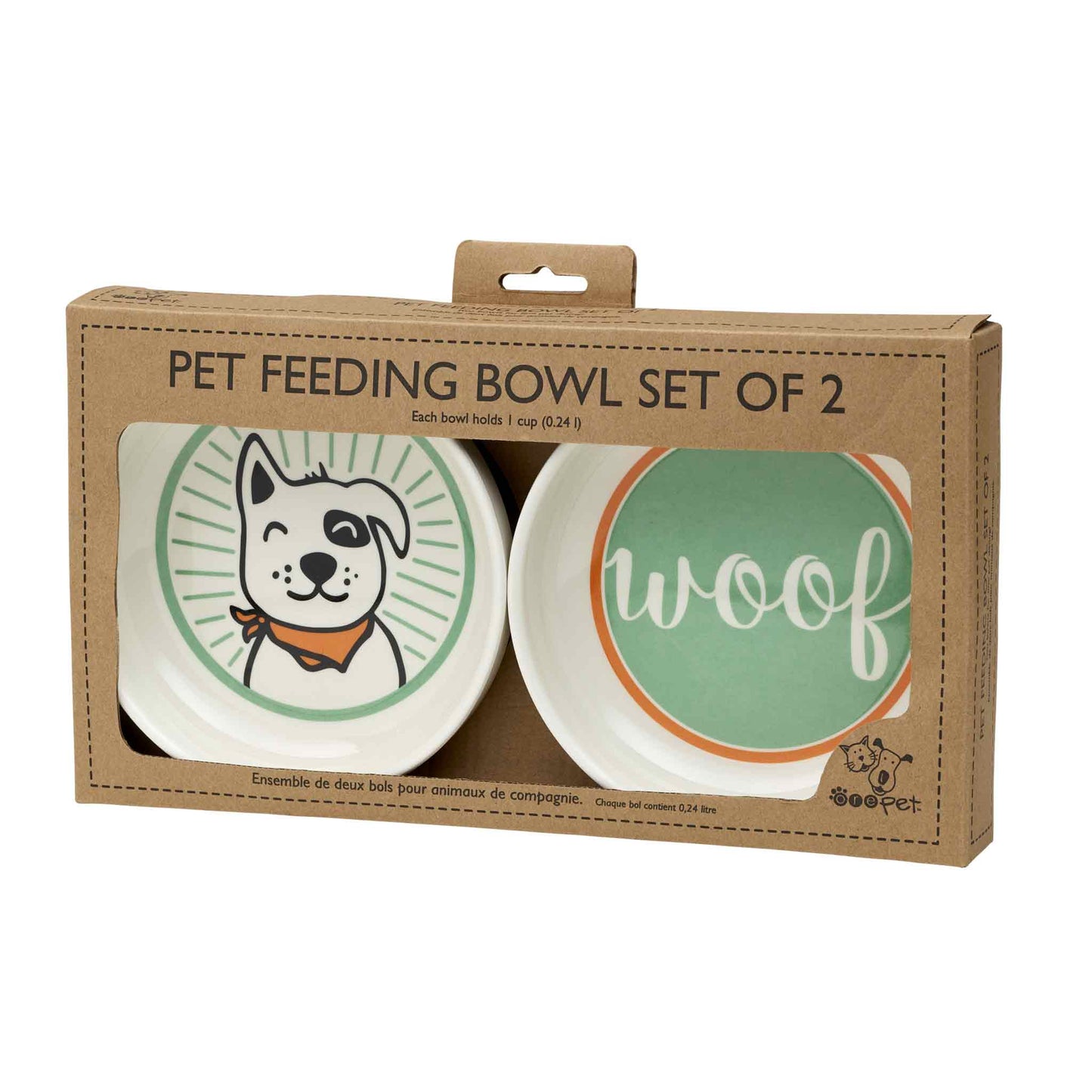 front of 2 bowls in natural cardboard packaging with text "PET FEEDING BOWL SET OF 2"