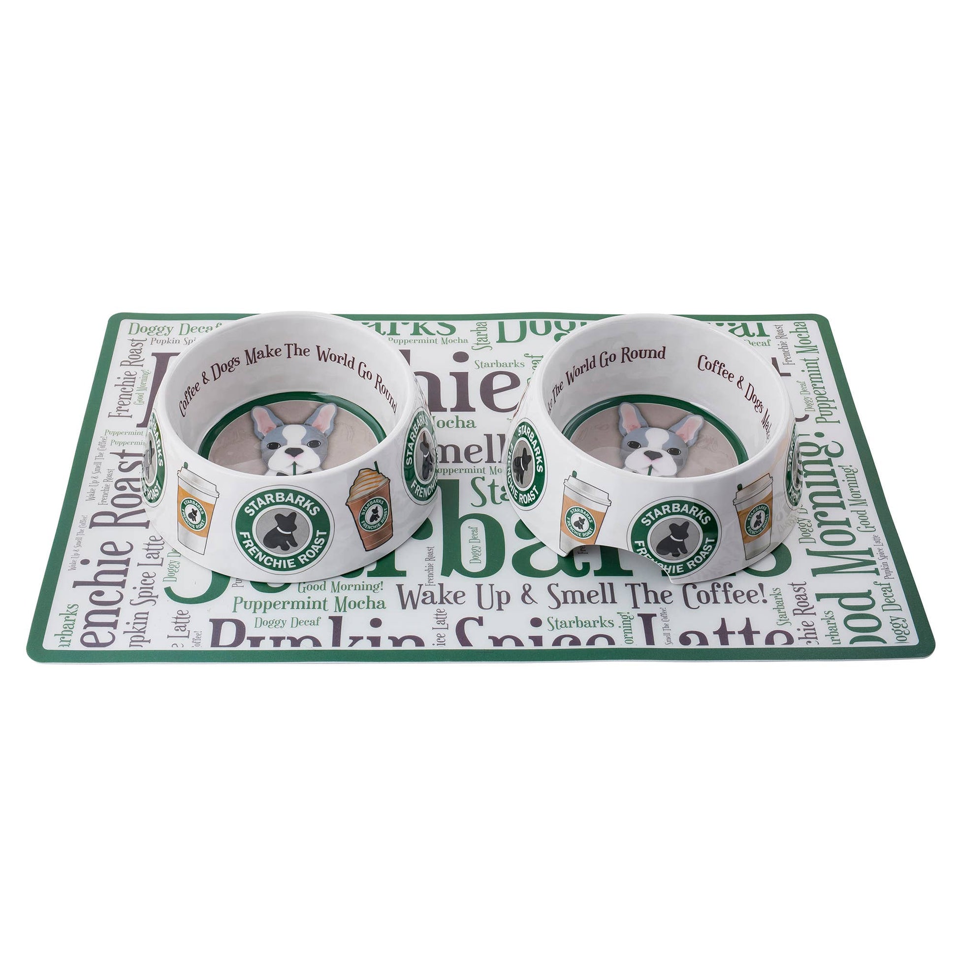 Starbarks placemat with 2 pet bowls on top