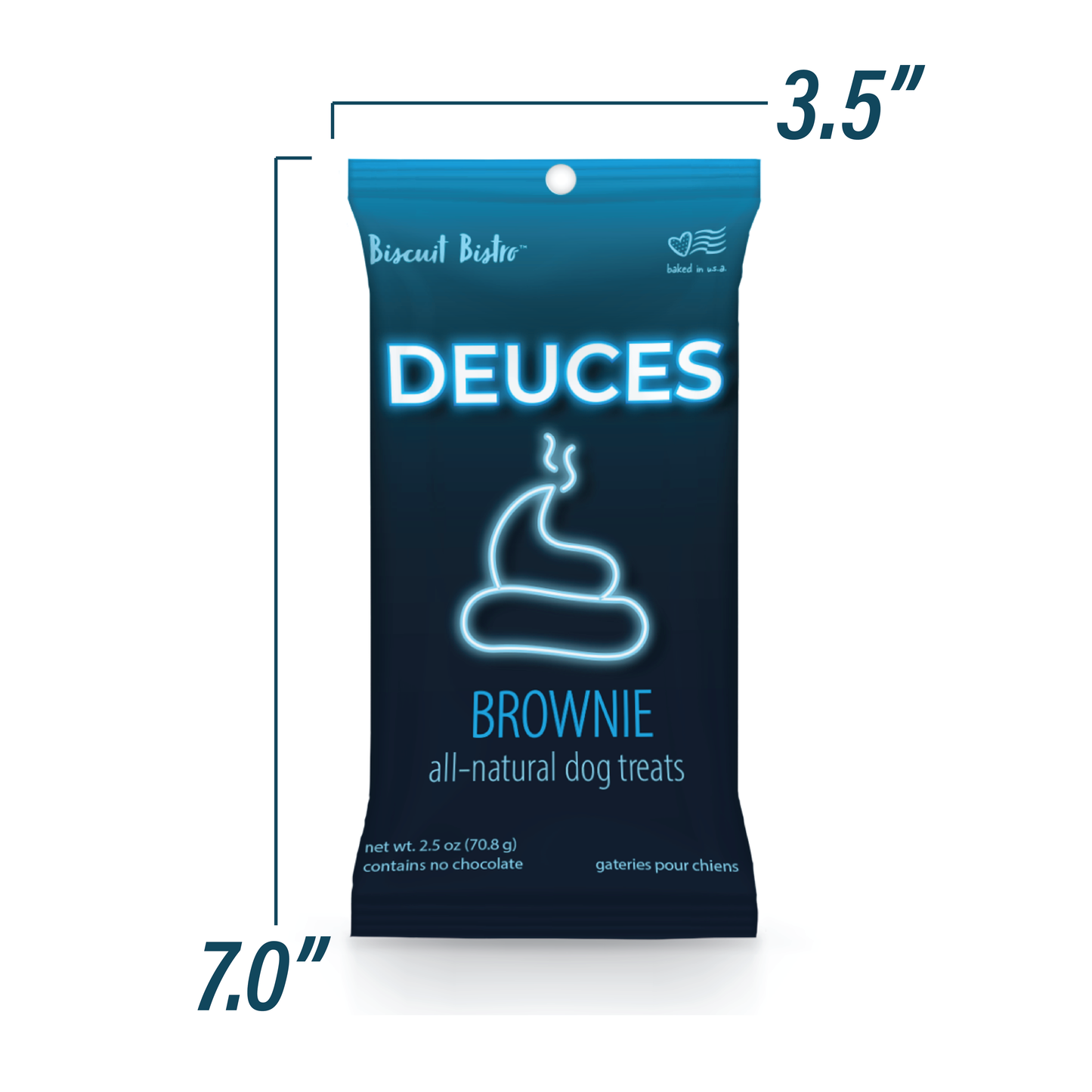 front view of Deuces treat bag with measurements 7" high 3.5" wide