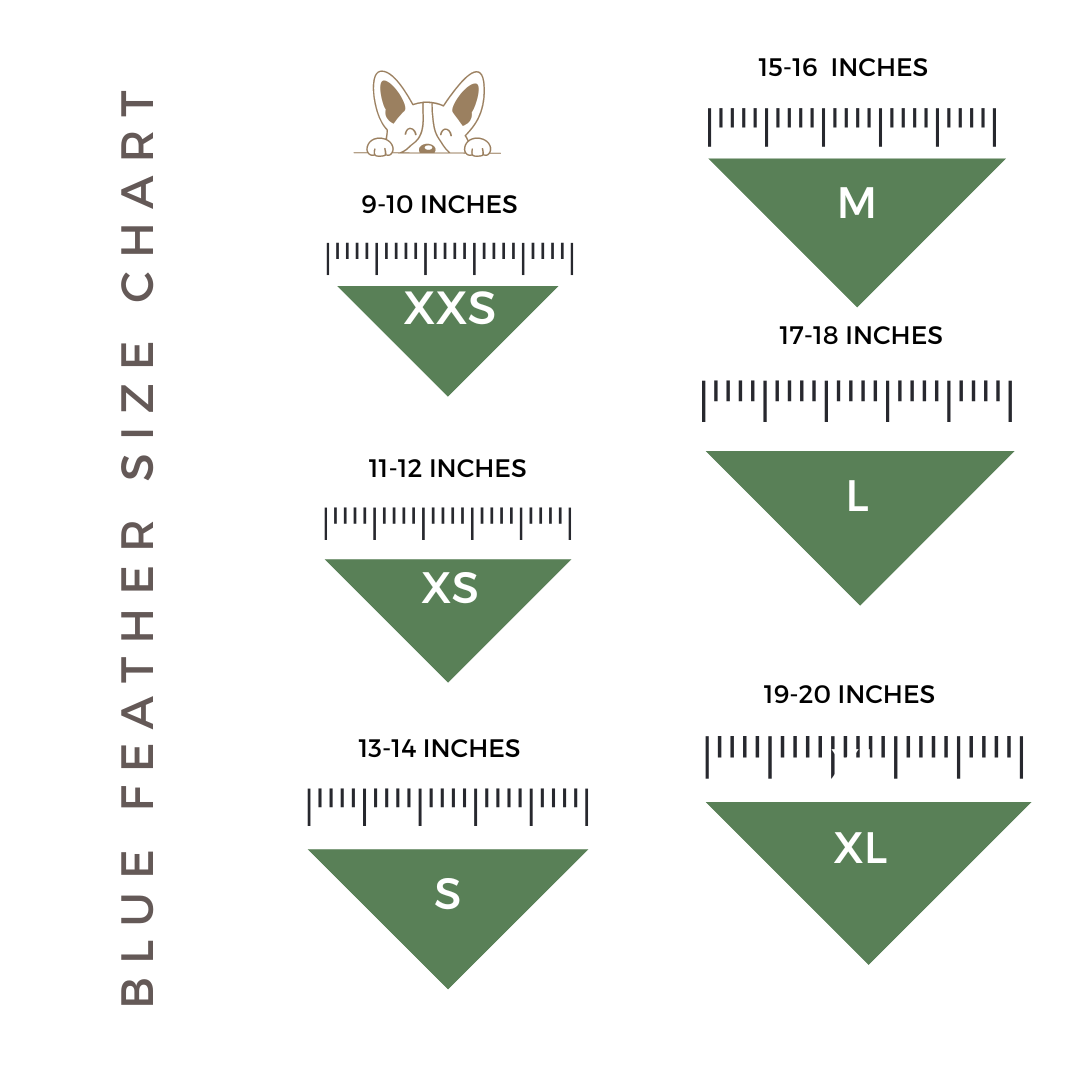 size chart XXS- 9-10 inches, XS 11-12 inches, S 13-14 inches, M 15-16 inches, L 17-18 inches, XL 19-20 inches