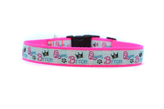 close up of collar. hot pink background with crown and "Queen Bitch" text