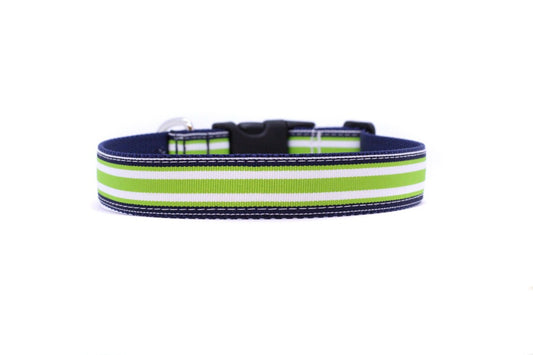 close up of collar. navy background with lime green and white stripe