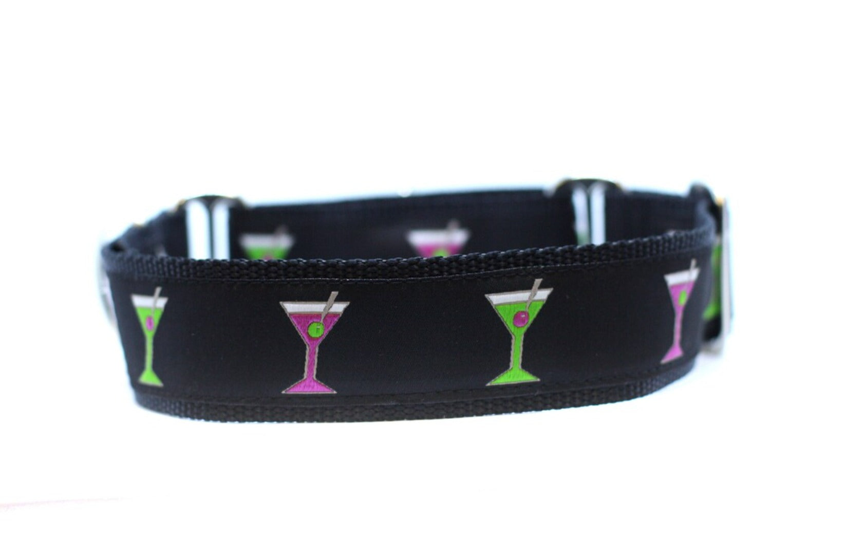 close up of collar. black background with lime green and pink martini glasses