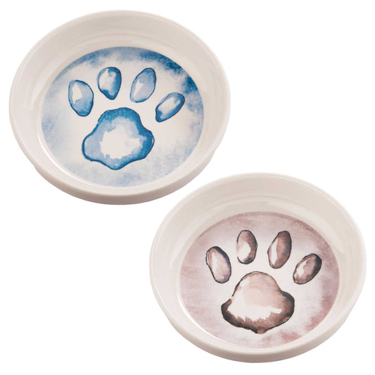 top view of 2 white bowls. 1 blue watercolor pawprint  1 light pink watercolor pawprint