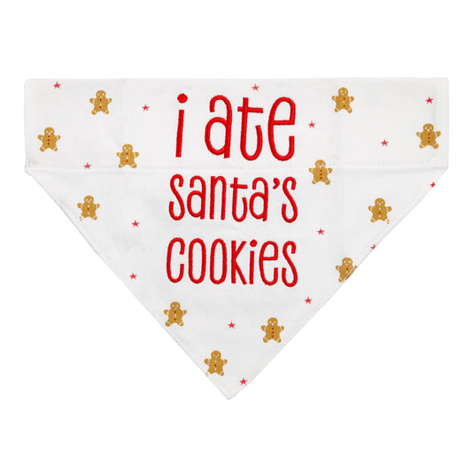 close up of white bandana with gold stars. In red embroidery it says "i ate santa's cookies"