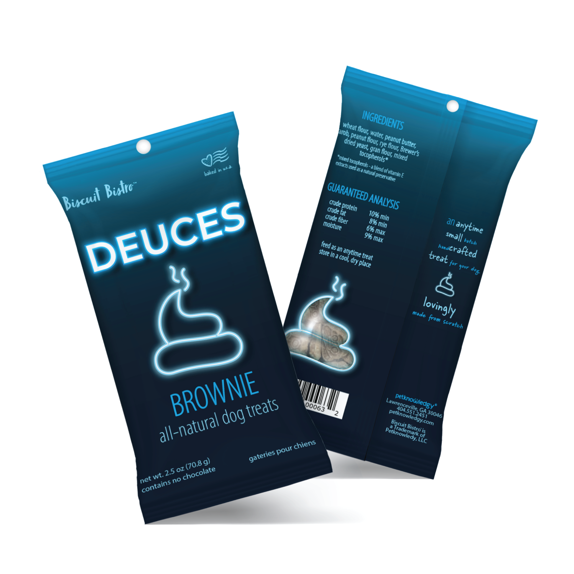 Front and back view of Deuces treats bag