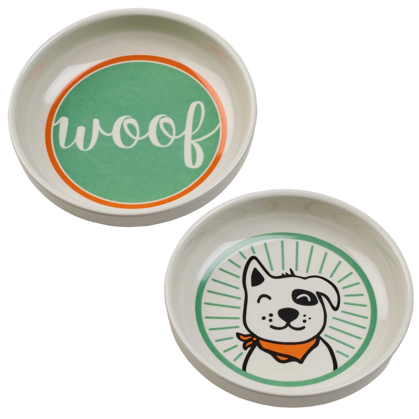top of 2 white bowls- one with green and orange background with white scripted text "woof" and one with green background with illustrated black and white dog with orange bandana