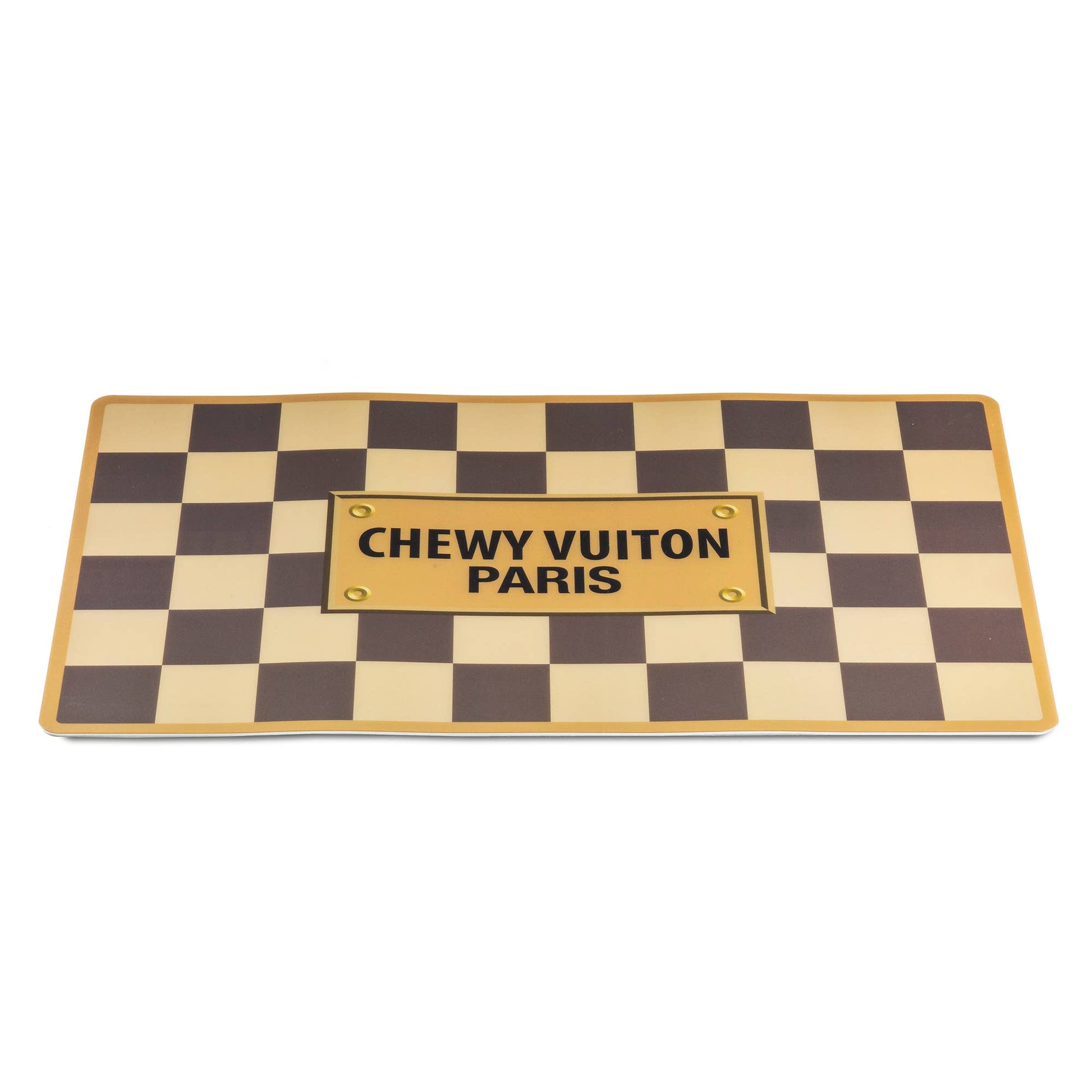 slightly angled view of brown checkered Chewy Vuiton Placemat