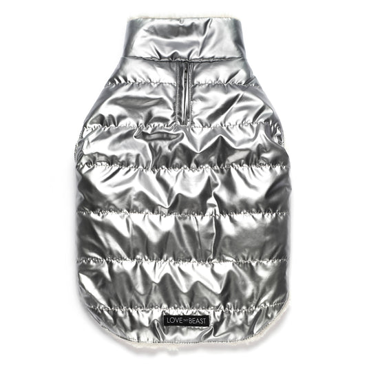 full view top of silver metallic puffer coat