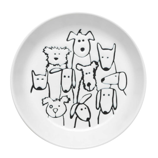 top view of white bowl with "random dogs" illustrated in black